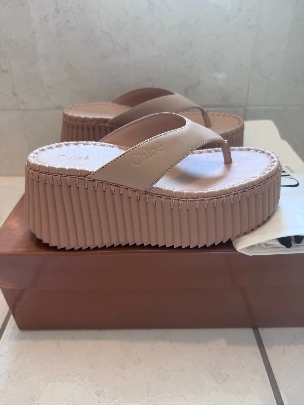 Chloé Nama Wedge Platform Slides Toasted Brown Leather Size 36